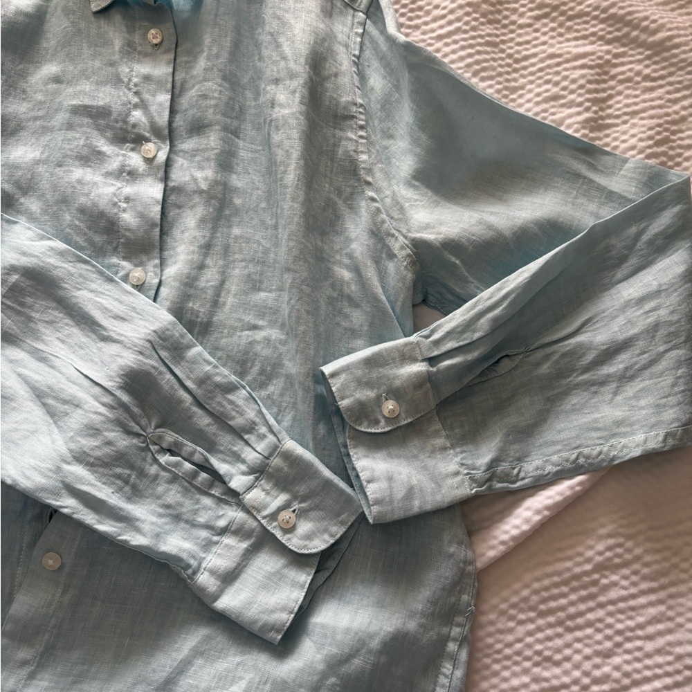 Haris Cotton Baby Blue Linen Gauze Beachy Coastal Boyfriend Style Shirt - Picture 7 of 10